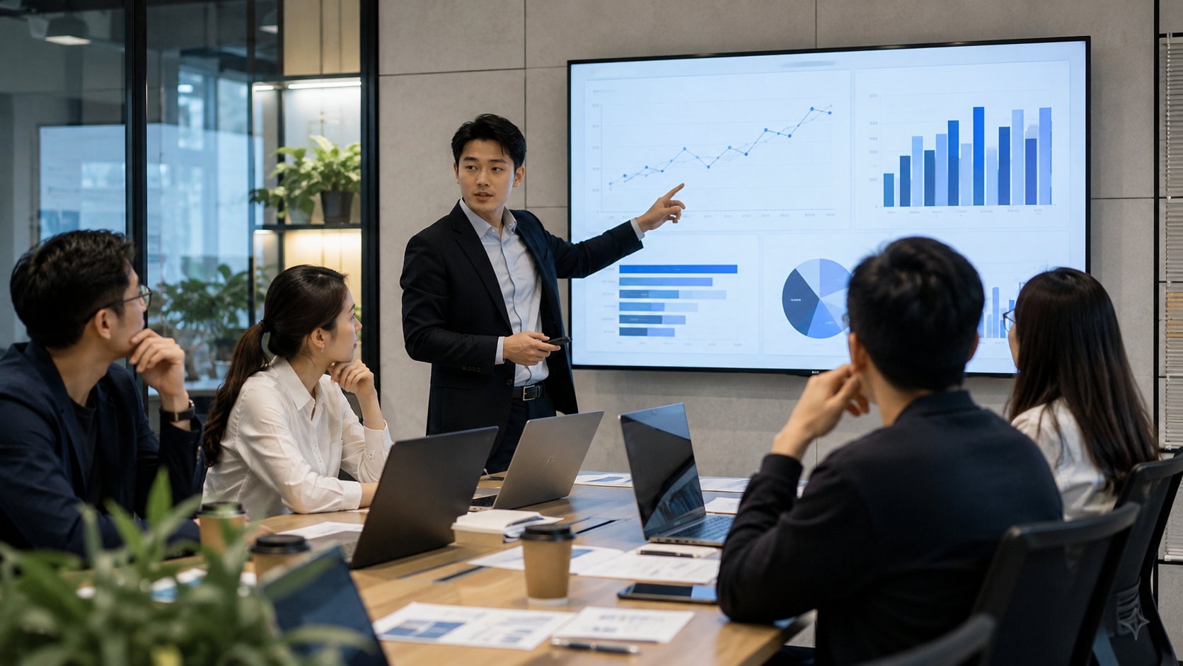 A man in a suit leading a corporate meeting around a conference table, pointing to a large wall-mounted screen displaying data visualizations including a line graph and bar charts, while colleagues watch attentively.