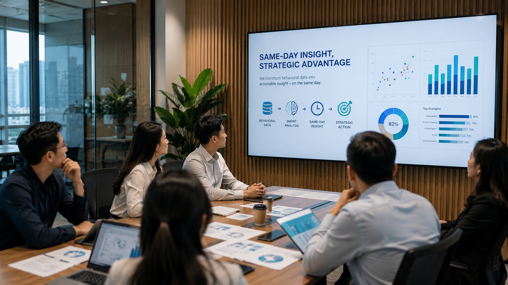 A business team seated around a conference table looking at a large presentation screen titled 