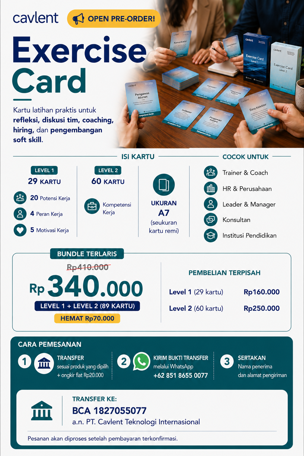 Cavlent Exercise Card untuk membantu refleksi, coaching, diskusi tim, dan pengembangan soft skill melalui kombinasi 89 kartu yang mudah digunakan