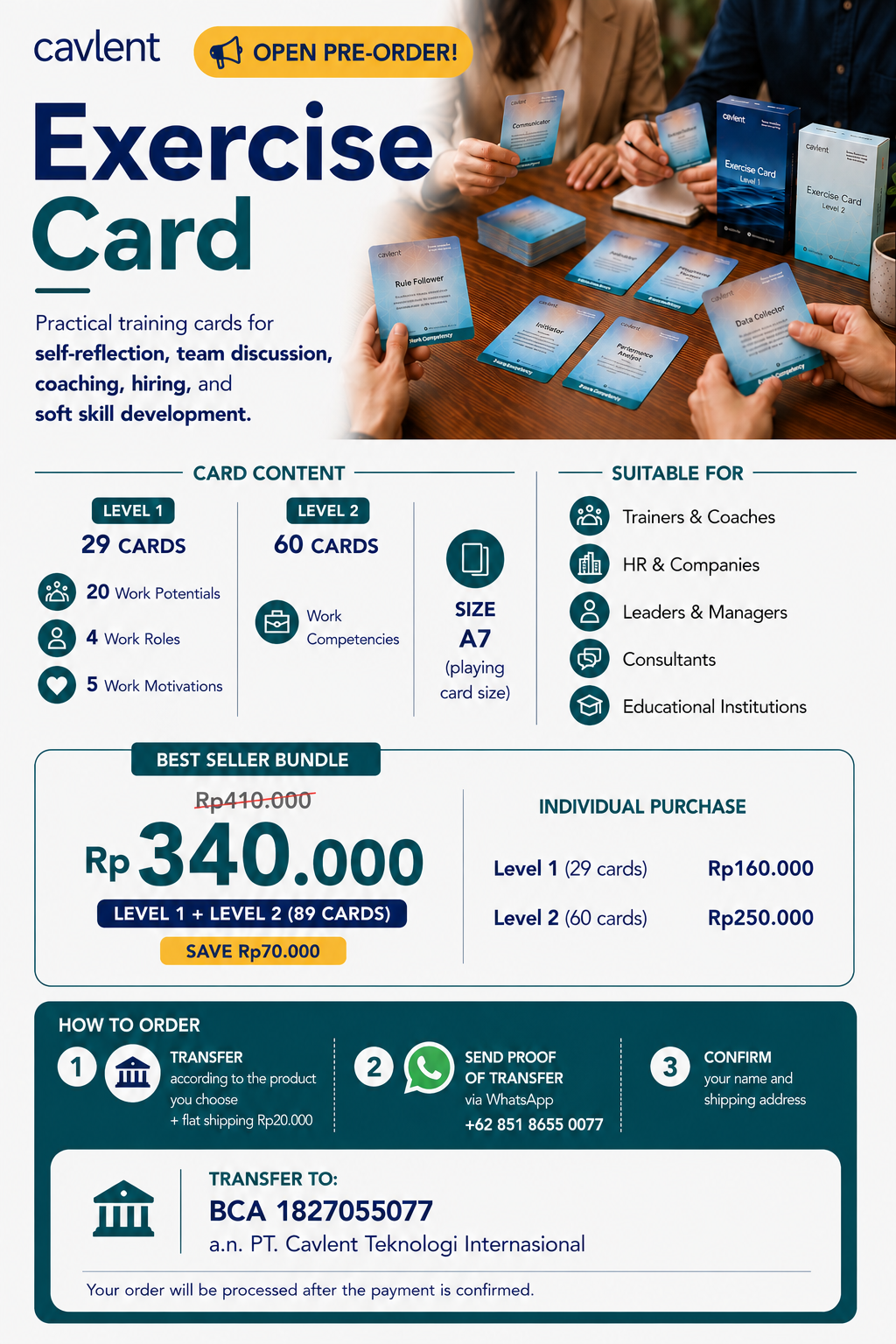 Pricing and ordering information for Cavlent’s Exercise Card Level 1 and Level 2