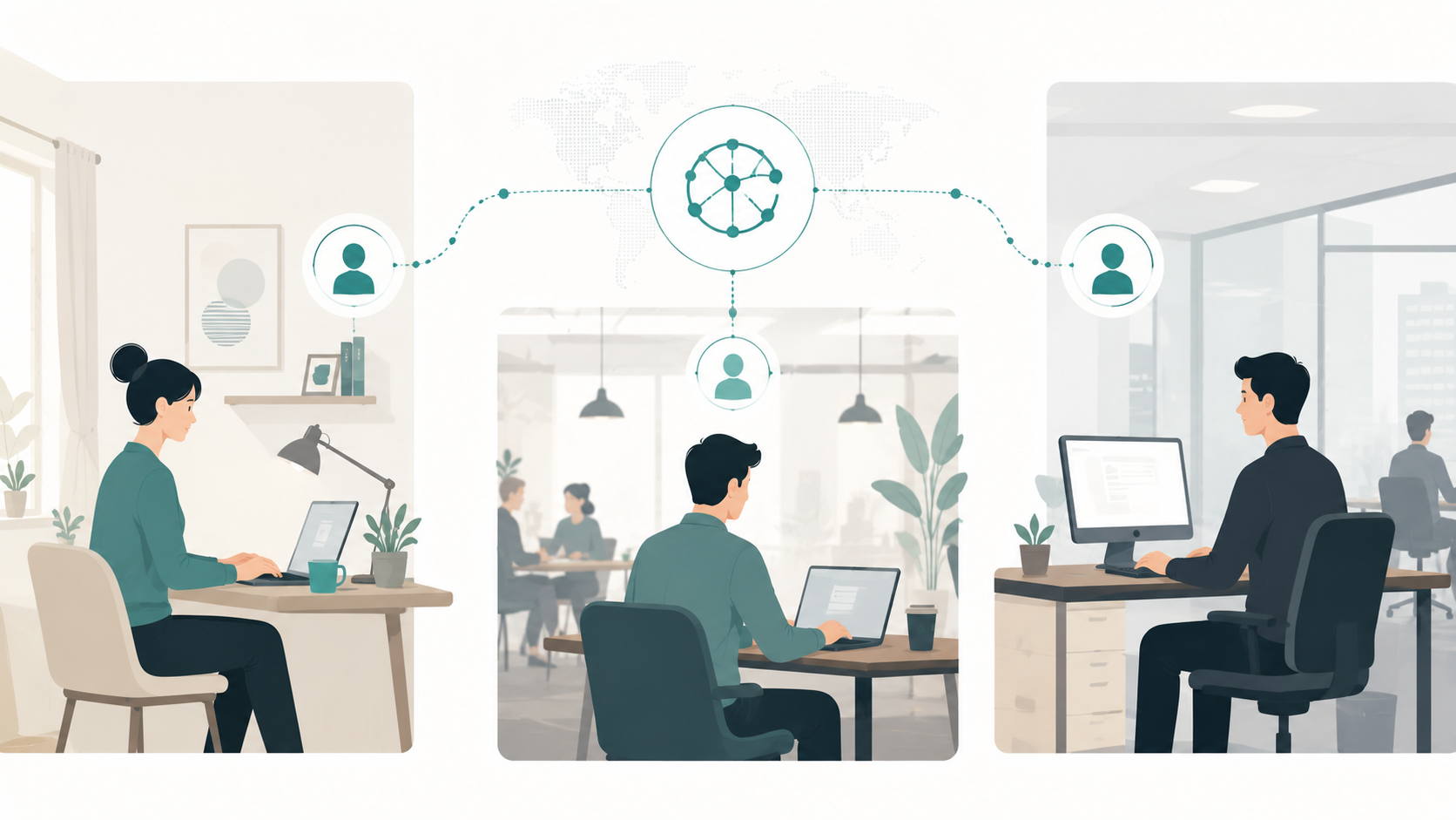 ilustrasi tim hybrid bekerja dari berbagai lokasi berbeda