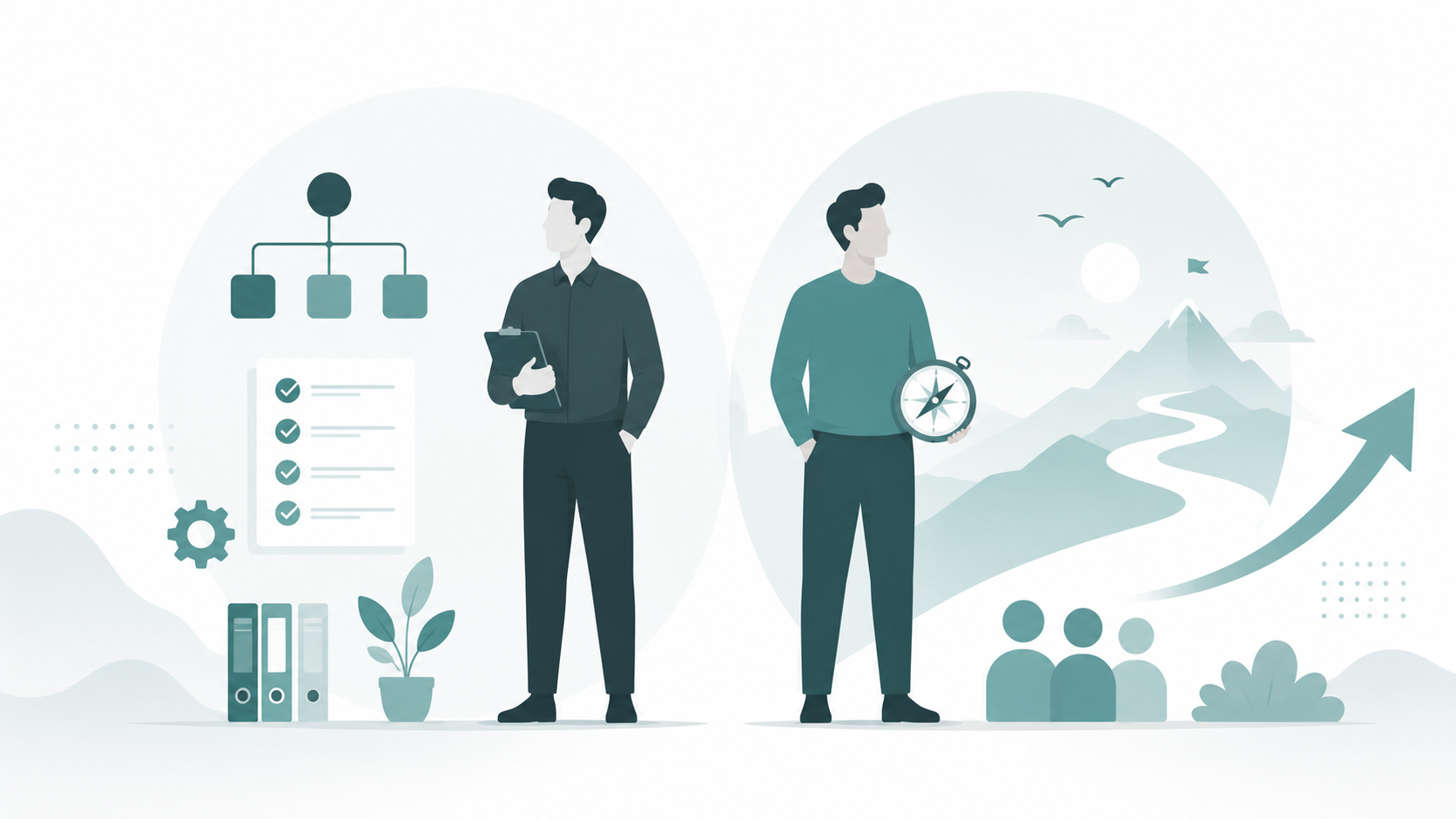 illustration of the different behavioral patterns of managers and leaders in an organizat