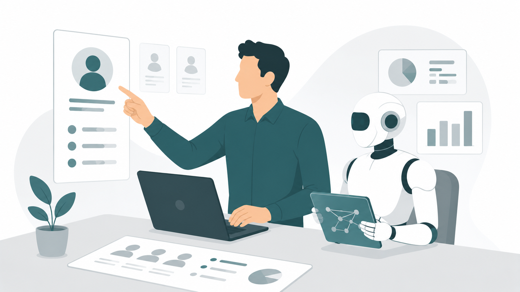 illustration of AI supporting human HR decisions rather than replacing them