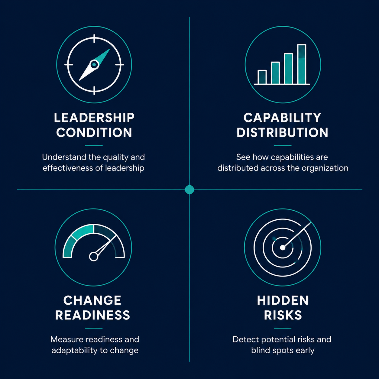 illustration of four corporate assessment dimensions: leadership condition, capability distribution, change readiness, hidden risks 