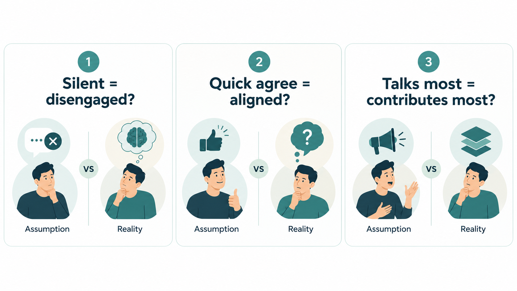 illustration of three work patterns most commonly misread in teams: silent in meetings, quick agreement, and talking a lot 