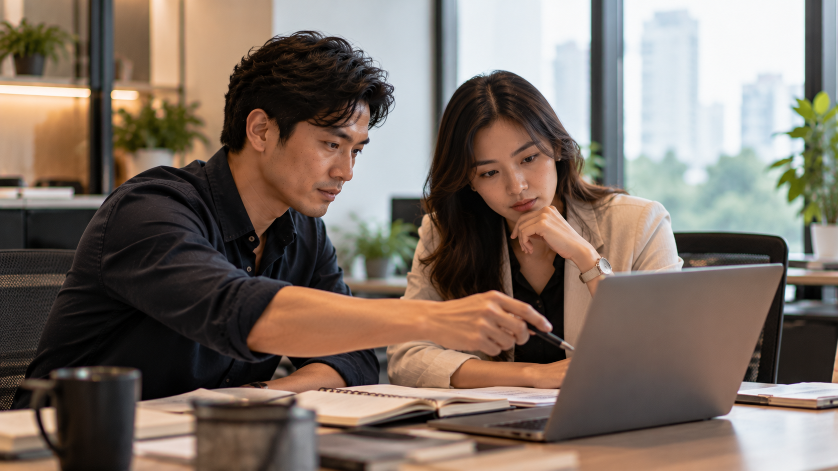 two colleagues or managers comparing training documents or plans at a work desk before deciding on the right program